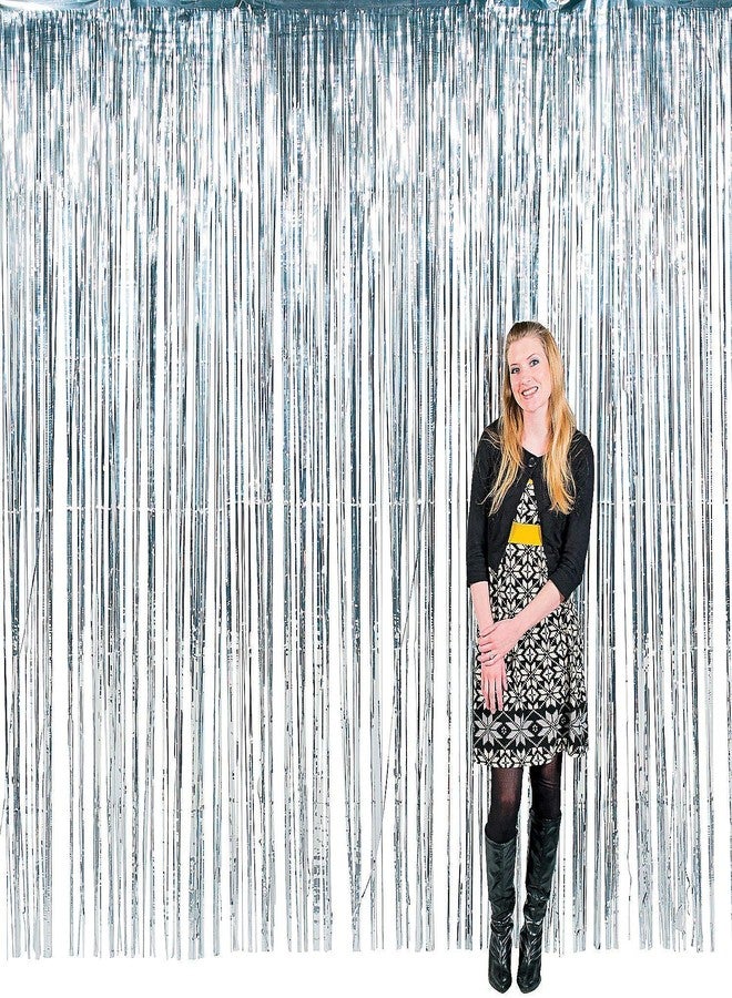 PartyToko 2 Pcs 3ftx6ft Silver Metallic Shimmer Backdrop Tinsel Fringe Foil Curtains Anniversary, Birthday 2pcs - Image 1